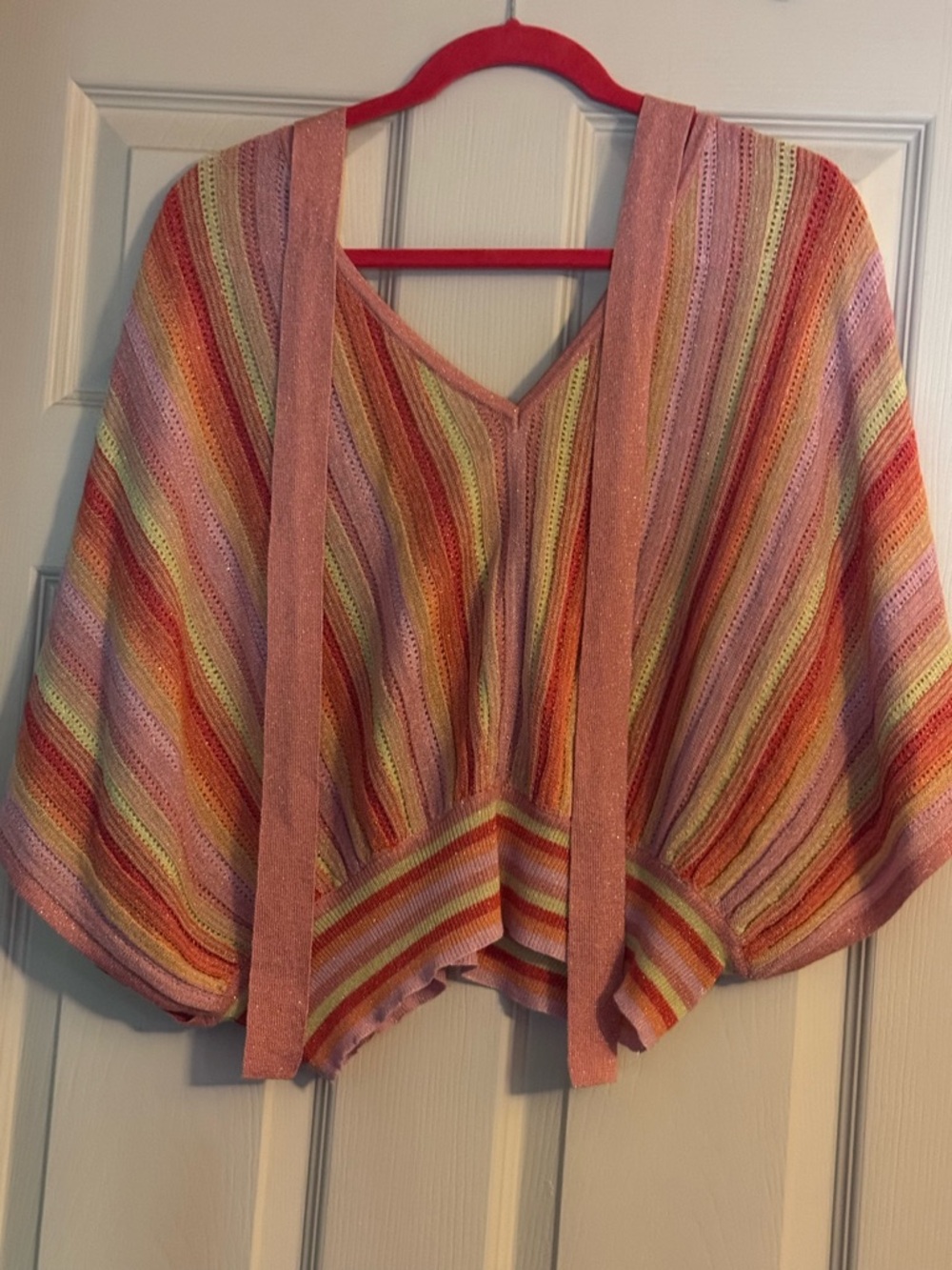 Striped Multicolor Knit Poncho with Pink Trim